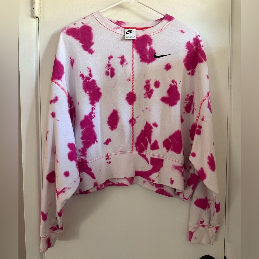 Nike Pink and White Tie-Dye Oversized Cropped Crew, Size XS